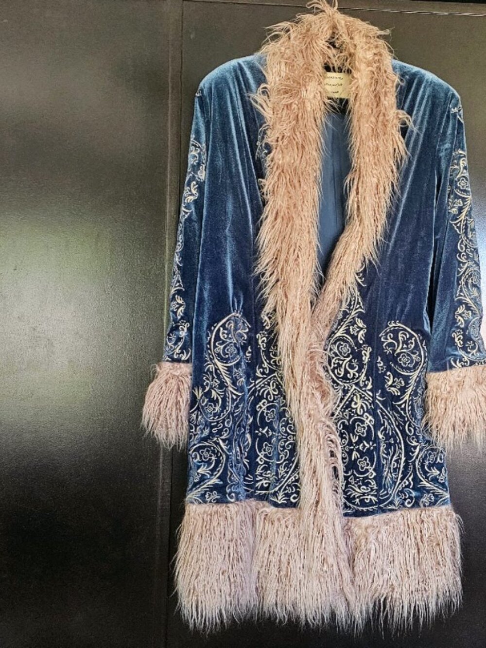 Free People Moon Glow Coat Sapphire Blue Velvet Faux Fur - L - Picture 5 of 7